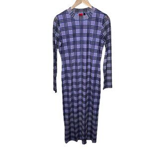 Hugo Boss Nasusi Womens Purple Stretch Mesh Plaid Long Sleeve Midi Dress XL